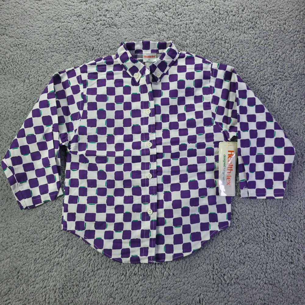 Vintage Health-tex Kids Purple White Geometric Block Button Down Shirt Size 6x